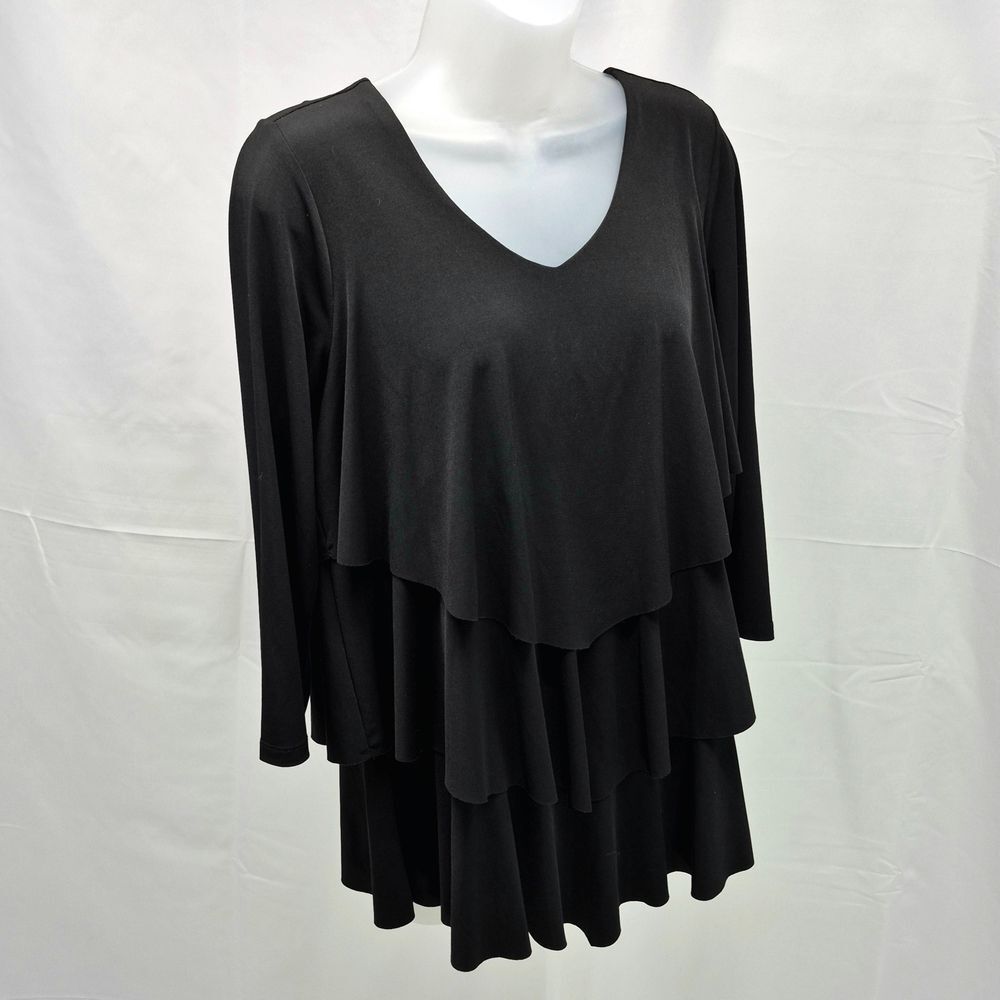 Susan Graver Top Women's Black Liquid Knit Tiered 3/4 Sleeve Scoop Neck Blouse S - Picture 4 of 11